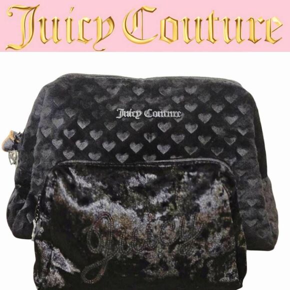 Juicy Couture Signature Logo Heart Embossed 2-PC Velour Travel Cosmetic Bag Set - Picture 1 of 10